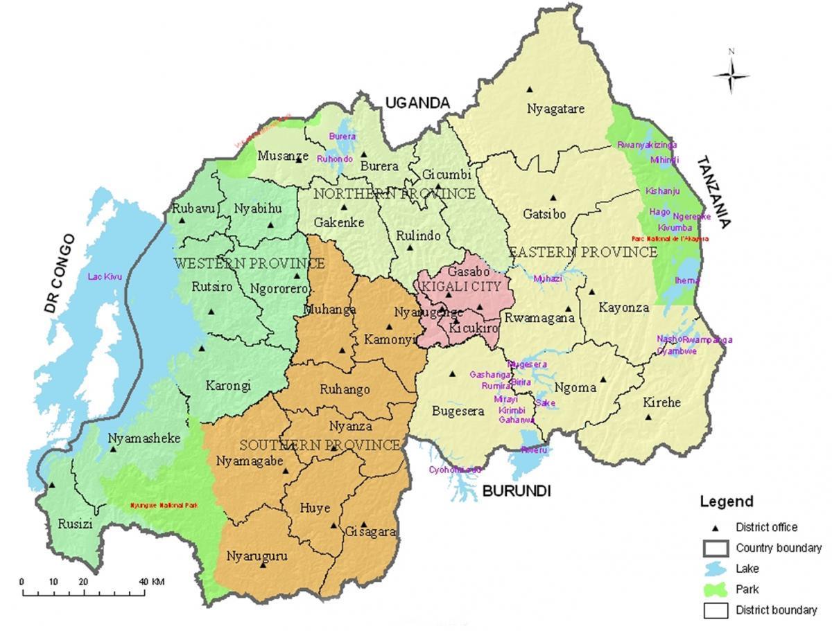 карта Руанде са подручја и сектора