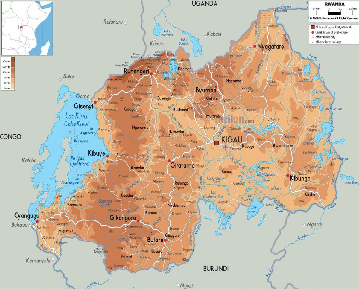 карта физичка карта Руанде